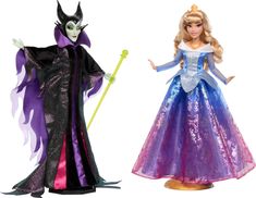 two disney princess dolls, one dressed as evil queen and the other as maleficent