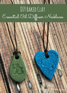 two heart shaped ceramic pendants with the words diy baked clay essential oil diffuse necklaces