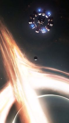 an artist's rendering of a black hole in the sky with two small objects