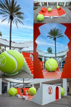 tennis balls are placed on the ground and in front of a building with palm trees