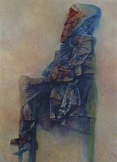 a painting of a person sitting in a chair with their head on the arm rest