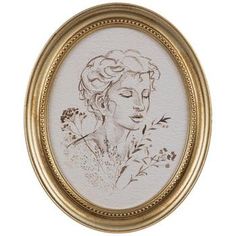 a drawing of a woman's face in a gold frame with flowers on it