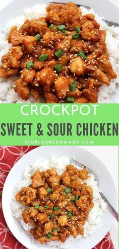 crockpot sweet and sour chicken is served over white rice with green onions on the side