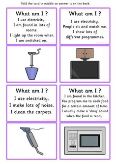 four different types of electrical equipment in purple and white cards with words describing what to use them