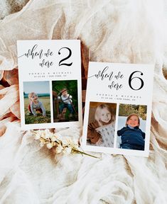 two photos are placed next to each other on a white blanket with flowers and leaves