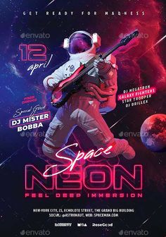 a flyer for an event with space theme