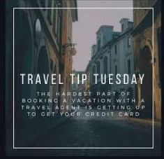 the words travel tip tuesday are in white on a black and white photo with an empty street