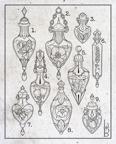 an old fashioned drawing shows different types of vases and ornaments in black ink on white paper