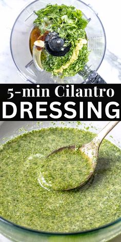 the ingredients for 5 minute cilantro dressing in a glass bowl with a spoon