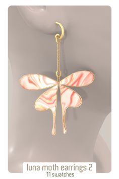 a pink dragonfly earrings hanging from a gold plated earring chain with the words luna moth earrings? 11 swatches