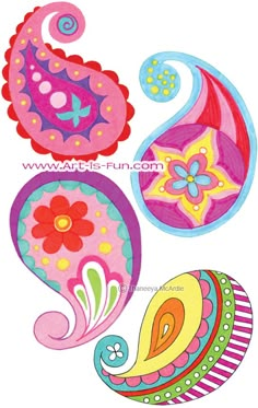 three different colored paisley designs on a white background, one is pink and the other is blue