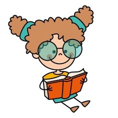 a cartoon girl with glasses reading a book