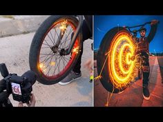 a man standing next to a bike with lights on it's front wheel and an image of a person holding a camera