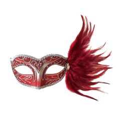 This fun eyelet half mask features glitter scroll work across the face with edges trimmed in gold or silver. Each mask has a side fan of feathers attached with a jewel and black ribbons to tie back. Available in individual pieces, 6-pack or by the dozen! Red Masks For Mardi Gras Theater, Red Theater Masks For Mardi Gras, Red Theater Mask For Mardi Gras, Red Masquerade Mask For Mardi Gras, Red Masks And Prosthetics For Mardi Gras Masquerade, Venetian Red Mask For Masquerade, Red Eye Mask For Mardi Gras, Red Venetian Masks And Prosthetics For Costume Party, Red Venetian Mask For Masquerade