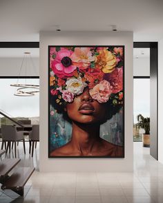 a woman with flowers on her head is in front of a large painting that looks like she's wearing a flower crown