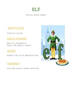 the elf movie night menu with an elf standing in front of a pizza