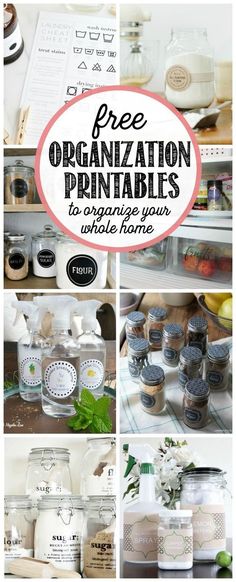 there are many jars with labels on them and the words free organization printables to organize your whole home