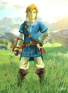 the legend of zelda is standing in tall grass with his hands on his hips