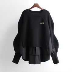 Women's Sweater Brand Design Solid Color Autumn and Winter Lantern Sleeve Sweater 2023 New Loose O Neck Pullover Women's Top Black Oversized Sweater For Layering, Oversized Black Sweater For Layering, Black Long Sleeve Sweater For Work, Black Long Sleeve Sweater For Workwear, Black Winter Tops For Layering, Black Winter Layering Tops, Black Crew Neck Outerwear For Work, Black Crew Neck Sweater For Work, Chic Black Sweater For Layering