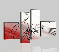 an abstract painting with music notes and hearts on the red background is featured in this modern art piece