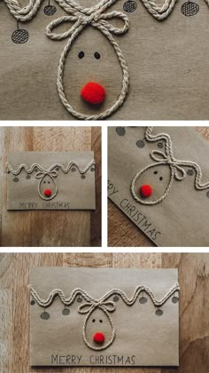 christmas gift tags with reindeer head and red nose on them, tied in twine