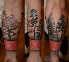 three different views of a man's arm with trees on it