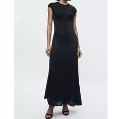 Knitted Meah And Satin Detail Stretchy Elegant Stretch Knit Maxi Dress, Fitted Knit Zara Dresses, Black Stretch Knit Dress, Fitted Black Knit Dress, Zara Knit Dress For Party, Zara Knit Party Dress, Black Fitted Viscose Dress, Fitted Black Viscose Dress, Black Knit Bodycon Dress