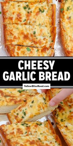 the cheesy garlic bread is cut into squares and placed on top of each other