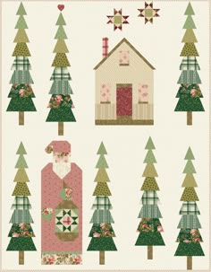 a quilt pattern with trees and houses on it