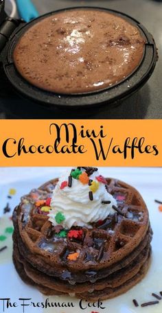 chocolate waffles with whipped cream and sprinkles are on a plate