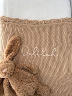 Personalised baby name blanket with decorative  knit border in BEIGE. Personalised embroidered baby name blanket, perfect for New Baby, Birth Announcement, Baptism, Birthday. A soft, light weight cotton knit blanket ready for personalised embroidery to make the most precious baby gift and future heirloom. Select from 20 different coloured threads and multiple font options too. (Please see colour and font charts in product images and select preferences in the drop down boxes). Blanket size: 80x10 Embroidered Baby Blanket Isabelle, Knit Border, Personalised Baby Blanket, Embroidered Name Blanket, Personalised Baby Blanket Knitted, Named Blankets, Beige Infant Blanket, Personalised Embroidery, Baby Name Blanket