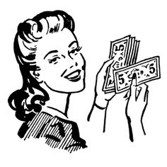 a drawing of a woman holding money in one hand and the words bargain basement on the other