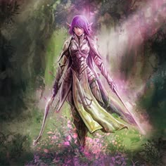 a woman with purple hair is walking through the woods in front of trees and flowers