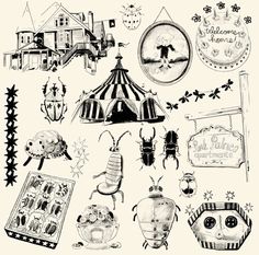 an old fashioned black and white drawing of various items in front of a circus tent