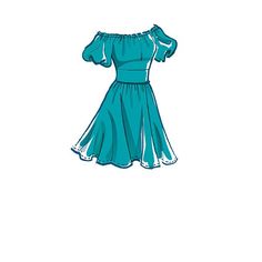 a drawing of a dress with puff shoulders and ruffles on the bottom, in teal blue