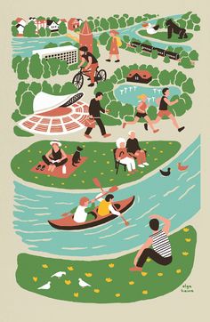 an illustrated poster with people in canoes and onlookers floating down the river