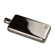 a stainless steel flask with a black cover on the side and a lighter in the middle