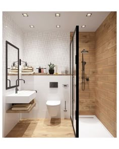 a bathroom with wood paneling and white tile on the walls is shown in this image