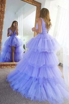 Silhouette: A Line Waist: Natural Sleeve Length:?Sleeveless Fabric: Tulle Shown Color: Purple Built-In Bra: Yes Short Front Long Back Dress, Lilac Formal Dress, High Low Ball Gown, Winter Wedding Venues, Classic Prom Dress, Purple Tulle, Simple Prom Dress, V Neck Prom Dresses