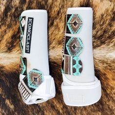 Leather Strap Boots - Turquoise Aztec - The Glamorous Cowgirl Cute Horse Tack Western, Glamorous Cowgirl, Western Tack Sets Barrel Racing, Barrel Racing Outfits, Horse Bell Boots, Bell Boots For Horses