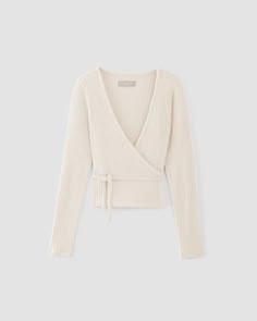 The Rib-Knit Wrap Top Bone – Everlane Cozy Fitted Ribbed Knit Top, Cozy Ribbed Fitted Knit Top, Fitted Ribbed Cotton Cropped Sweater, Ribbed Fitted Cropped Cotton Sweater, Ribbed Crop Top For Fall Loungewear, Ribbed Cropped Sweater For Loungewear, Ballet Wrap Top, Dress Bag, Outfit Formulas