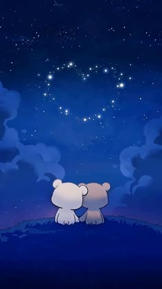 two teddy bears sitting on top of a hill looking at the stars in the sky