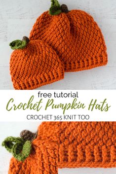 two crocheted pumpkin hats are shown with the text overlay that says, free pattern