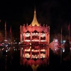 an amusement park at night with lights reflecting in the water