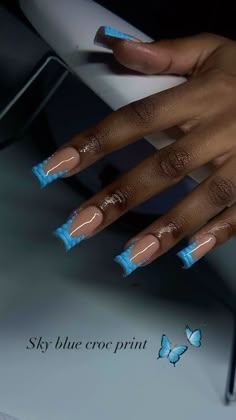 Sky Blue Nails Short Square, Blue Nail Designs Short Nails, Short Blue Square Nails, Short Acrylic Nails Designs Blue, Sky Blue French Tip 1.5, Sky Blue Nails Design, Pretty Blue Nails Acrylic, Short Blue Nails With Design, Blue Nail Designs Short