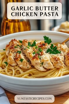 garlic butter chicken pasta in a white bowl