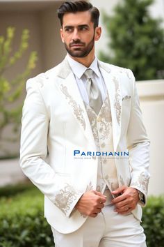 =>UNIQUE CREATION - PLEASE RESPECT COPYRIGHT<= All images and content on this site are exclusively crafted and owned by Paridhanin. Unauthorized copying, sharing, or reproduction is prohibited and will be subject to legal action. This elegant ivory suit, adorned with intricate beige embroidery on the lapels, cuffs, and vest, is designed for the sophisticated groom. Made from premium fabric, it offers a tailored fit and a refined look, perfect for weddings and special occasions, ensuring a memorable and stylish appearance. The price includes Jacket, pant and vest only. Other accessories if you want like shirt , tie and pocket square will be available on extra cost. For this message us in personalisation box. The suit is meticulously crafted from a luxurious  polyester blended fabric, ensuri Outfit For Groom, Wedding Suit For Men, Mens Wedding Suits, Beige Embroidery, Cream Suit, Party Reception