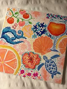 this is an image of a painting with fruit and drinks on it, including oranges