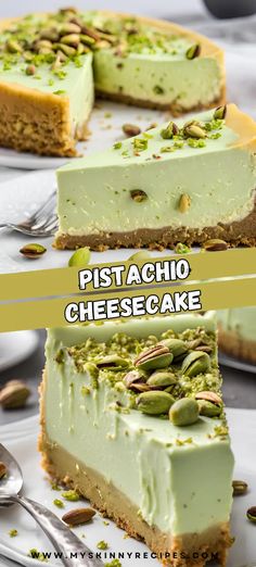 two pictures showing the same slice of pistachio cheesecake