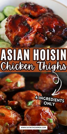 These sticky Asian hoisin chicken thighs are unbelievably juicy and flavorful with just 4 simple ingredients. Whether baked, grilled, or air-fried, this recipe is quick, easy, and perfect for a no-fuss dinner. Save this crowd-pleasing chicken recipe for a deliciously sticky treat! Sticky Hoisin Chicken, Sticky Ginger Chicken, Asian Chicken Rub, Simple Chinese Chicken Recipes, Sticky Asian Chicken Thighs, Yummy Chicken Thigh Recipes, Simple Recipes With Chicken, Baked Asian Chicken Thighs, Chicken Thigh Recipe Easy